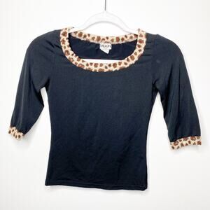 Vintage White Moon Womens Size S Leopard Trim Stitch 3/4 Sleeve Top